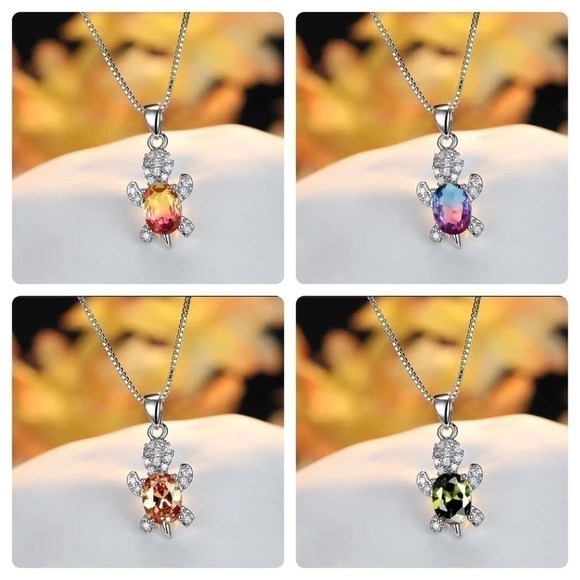 “Just Keep Swimming” Blue Green Turtle Diamond 925 Sterling Silver Gift Necklace - Picture 9 of 12